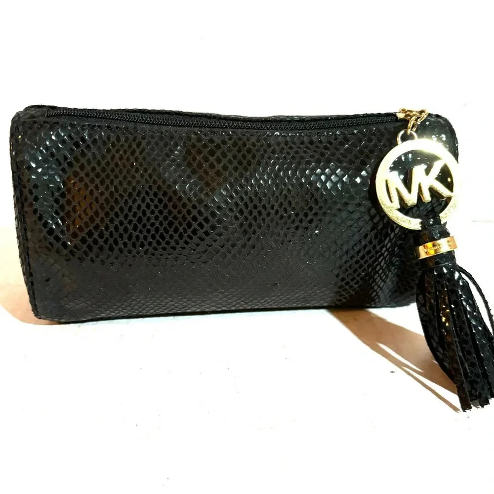 Michael kors black faux snakeskin metallic cosmetic bag